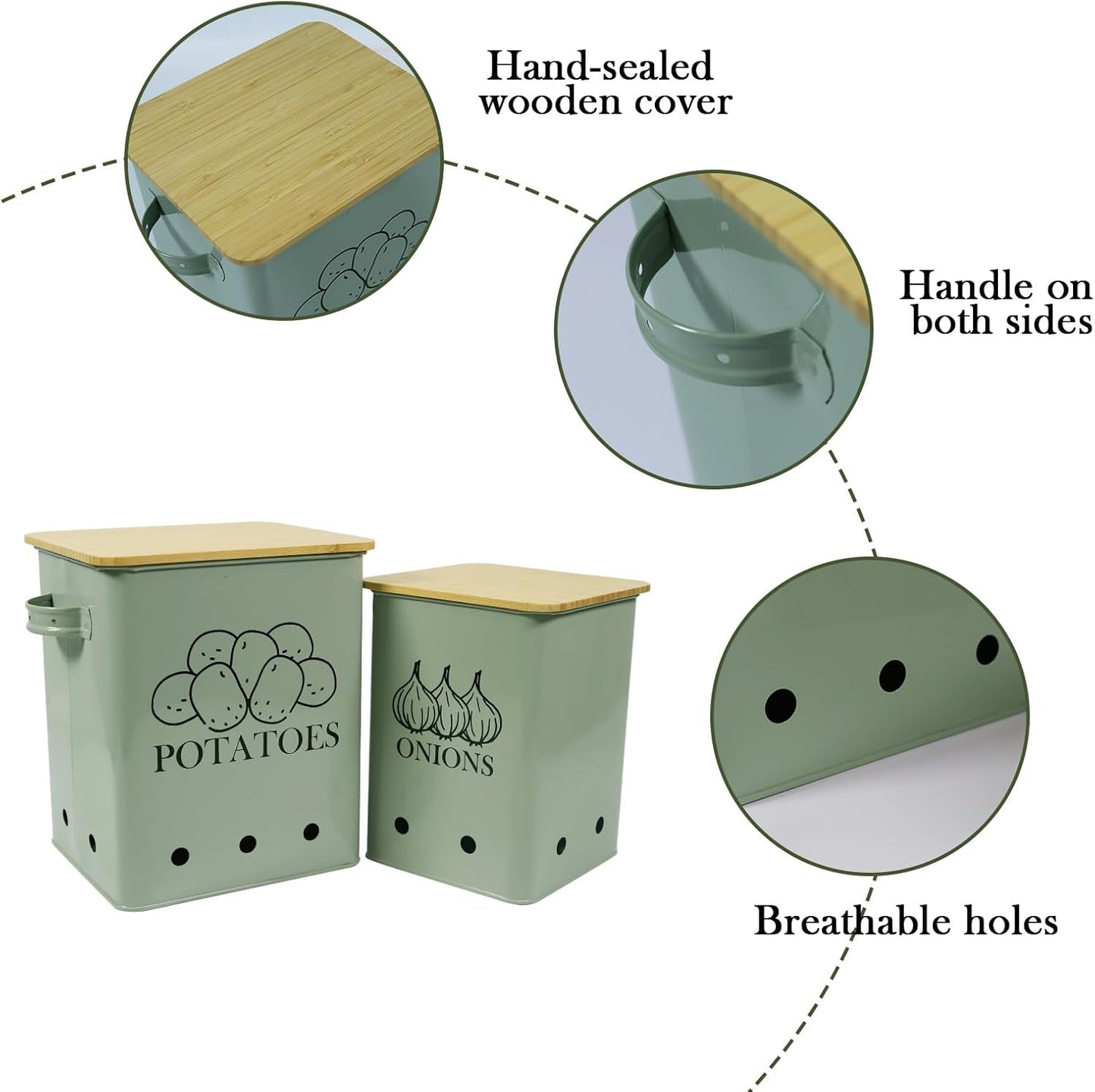 Kitchen Vegetable Storage Tins Set of 2 for Potatoes, Onion, with wooden lid Garlic Bin Caddy