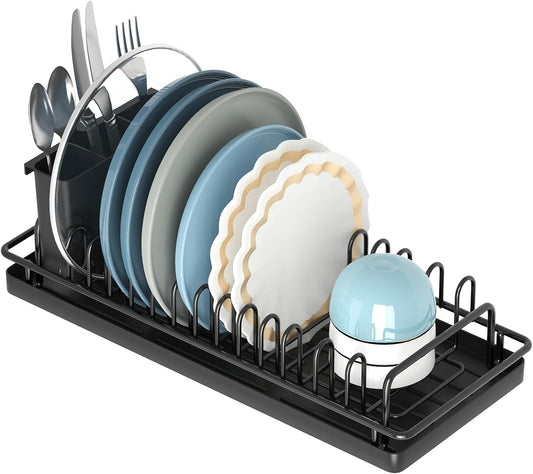 Small Dish Drying Rack, Compact Dish Rack with Silicone Tray and Caddy