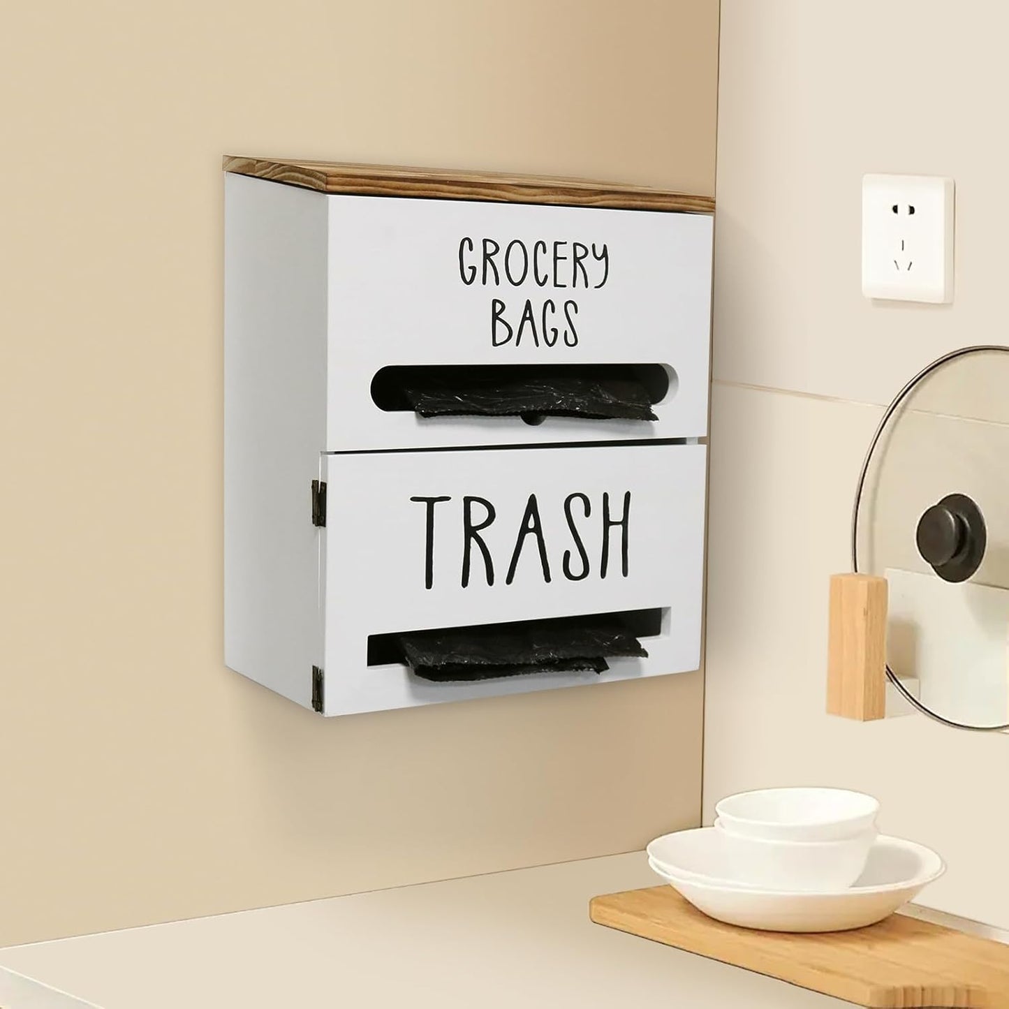 2 in 1 Trash Bag Dispenser, Double Wall Mounted,Wood Trash Bag Holder, used in kitchen, garage