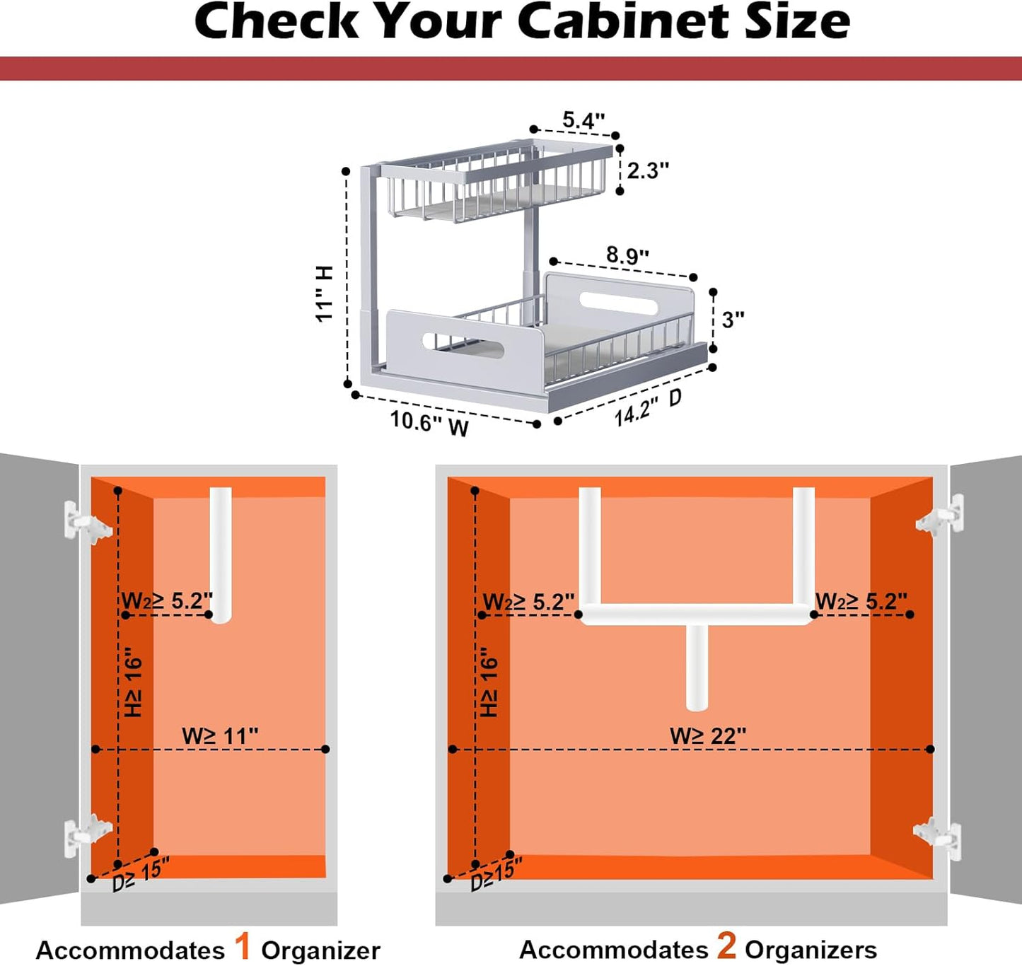 Under Sink Organizer, Pull Out Cabinet Organizer 2 Tier Slide Out Sink Shelf Cabinet Storage Shelves, Storage for Kitchen Bathroom, Grey, 2 Pack