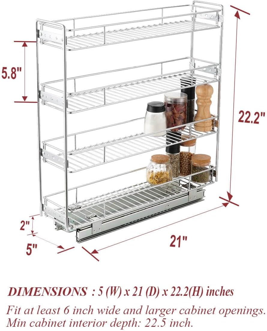 4-Tier Pull Out Kitchen Cabinet Spice Rack Holder Shelves (5" W x 21" D)