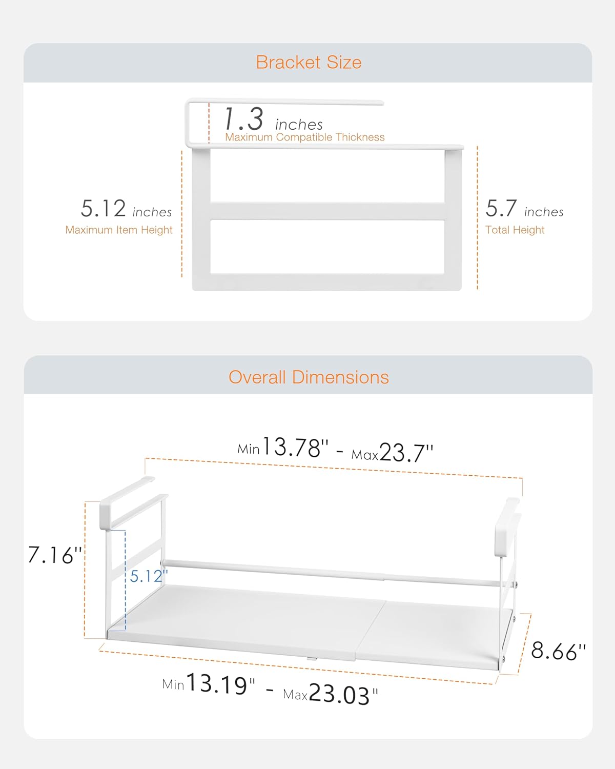 2Pack Under Shelf Storage Basket Organizer Expandable Width Add-On Space Saver Hanging Under Cabinet Pantry Kitchen Countertop Desktop Board Slide-In White Heavy-Duty Metal Higher & Wider Size