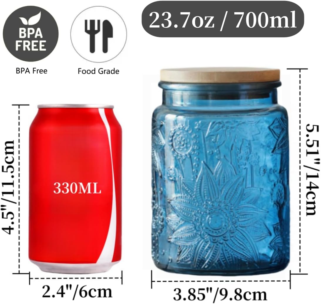 Blue Glass Jar, 23.7 FL OZ Vintage Glass Canister with Airtight Lid