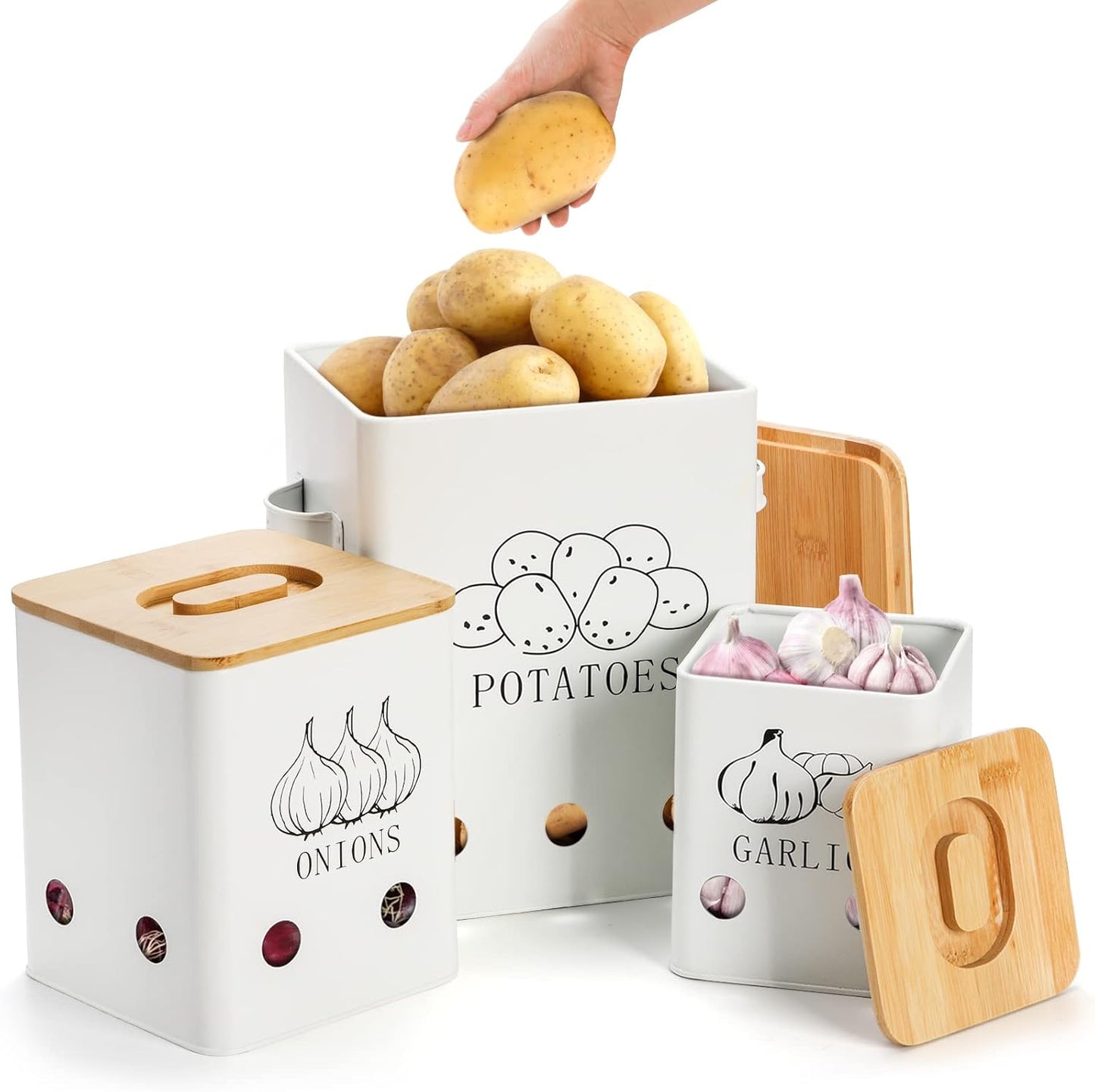 3 Pack Vegetable Storage Tins, Metal Onion Garlic Potato Jars Set