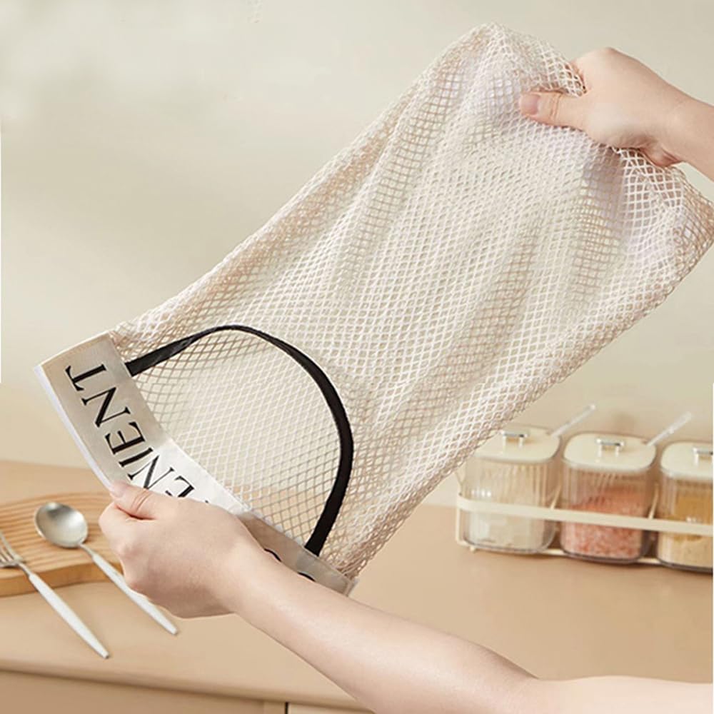 2 Pack Trash Bag Holder Dispenser Sticky Wall Mount Mesh Convenient Storage Organizer for Home Kitchen Grocery Plastic Shopping Garbage Bags Reusable Produce Tote Bag