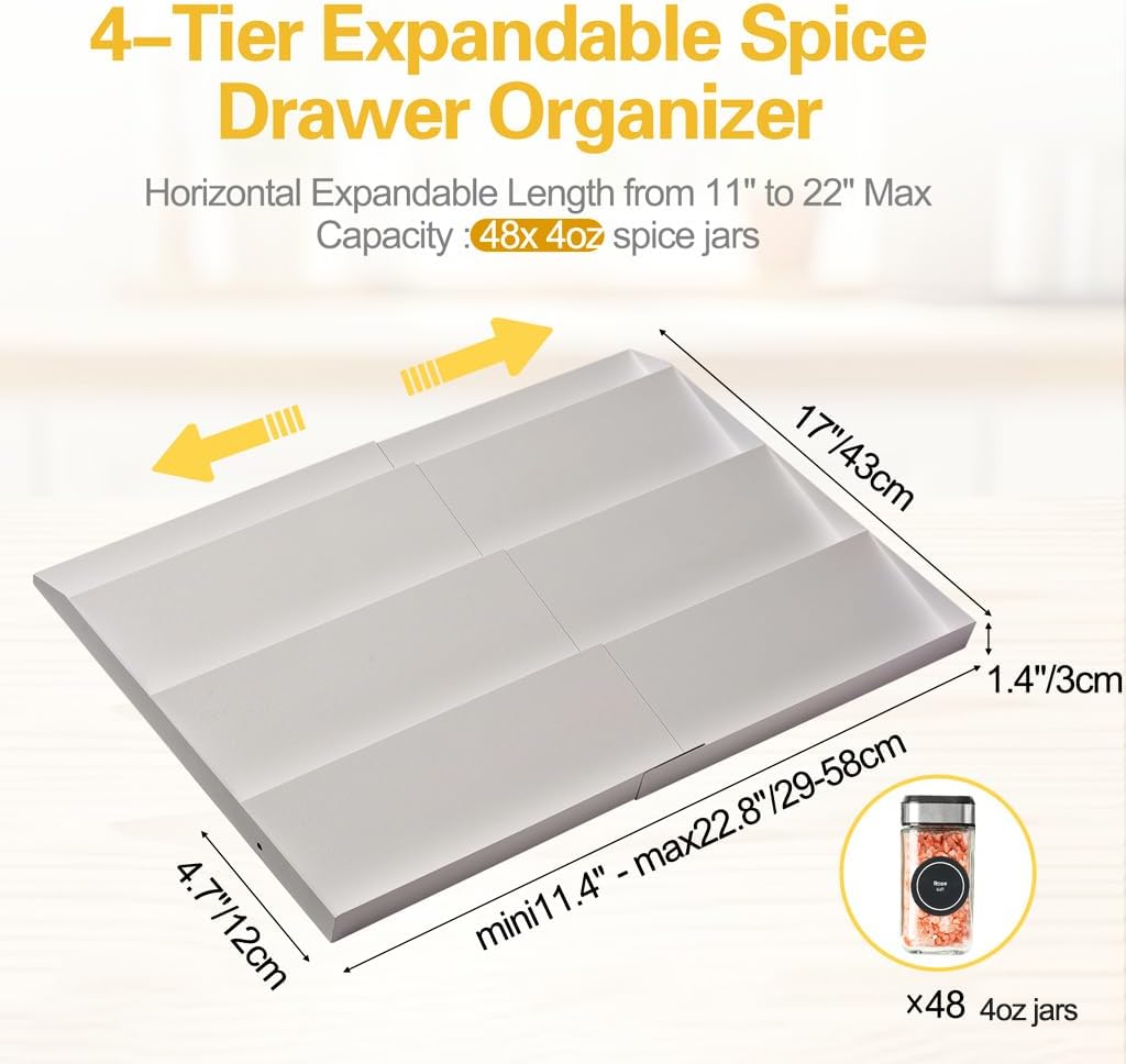 Spice Drawer Organizer, 4-Tier Metal Spice Rack for Drawer