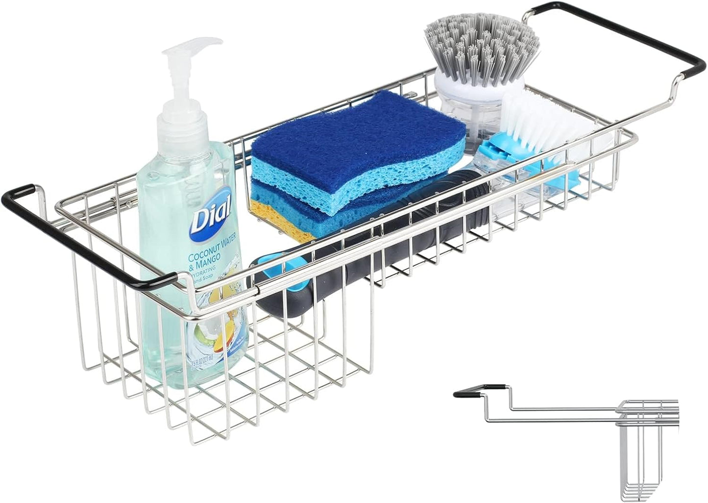Over The Kitchen Sink Caddy Sponge Holder Organizer Drying Rack Expandable for Sponge Brush Soap 13.8" to 20.8", Stainless Steel