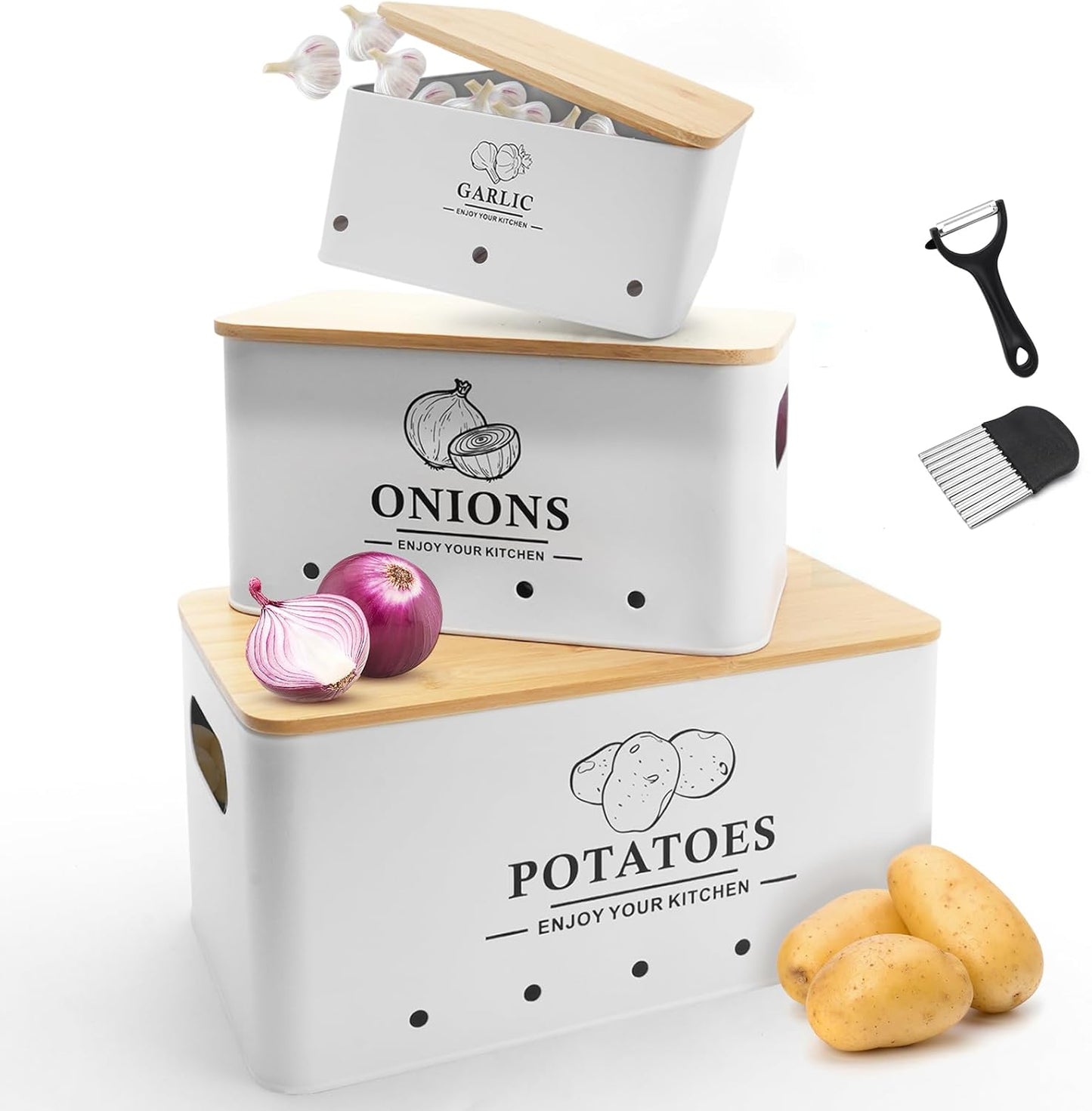 Kitchen Vegetable Storage Set of 3, Metal Onion Garlic Potato Storage Set