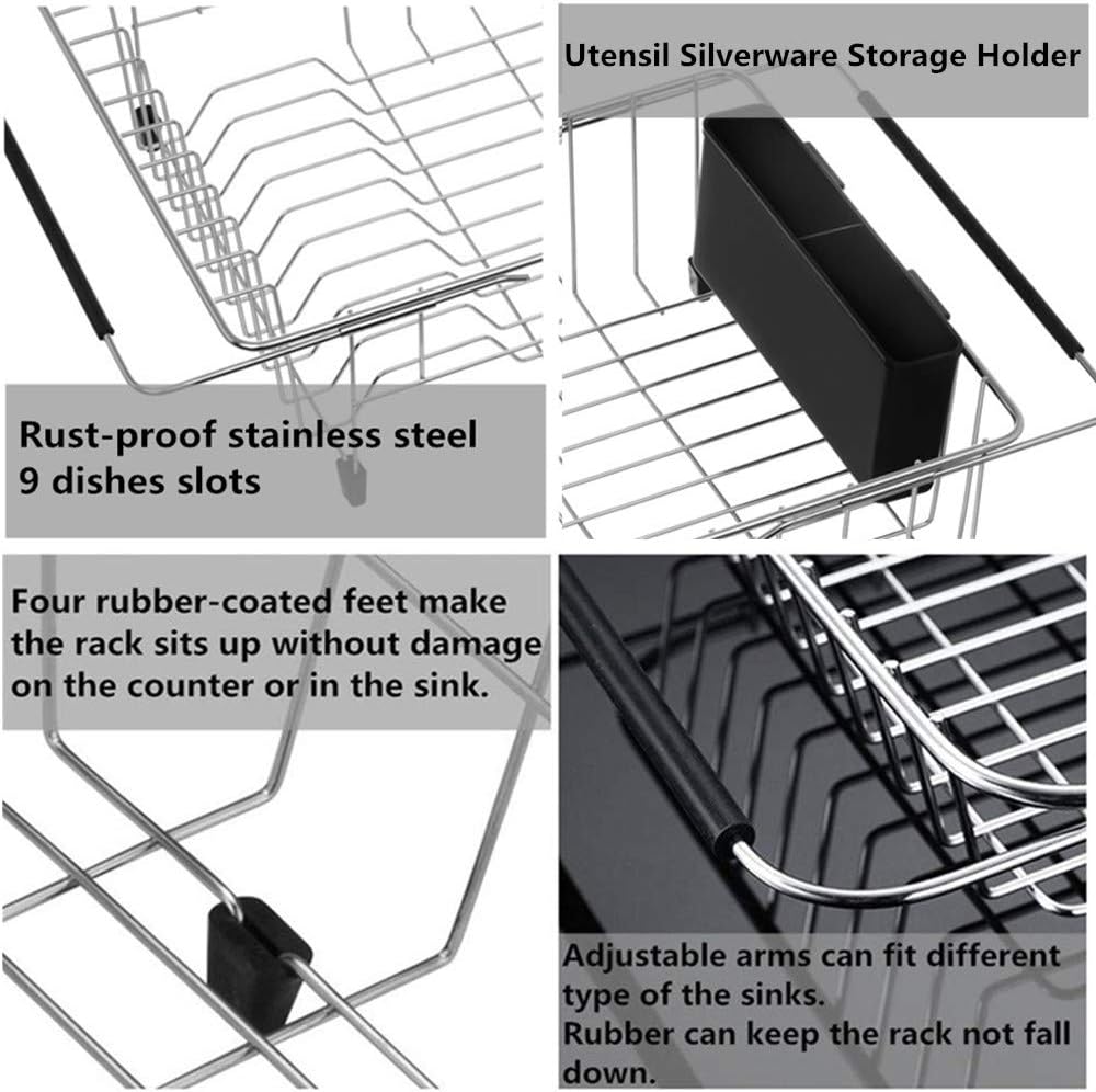Dish Drying Rack, Large Dish Rack Adjustable Deep Dish Drainer with Removable Silverware Holder