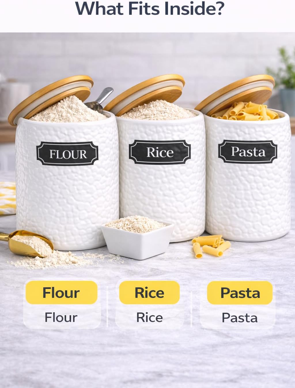 Ceramic Canister for the Kitchen (94oz/2779ml) – Airtight Kitchen Counter Storage with Bamboo Lids