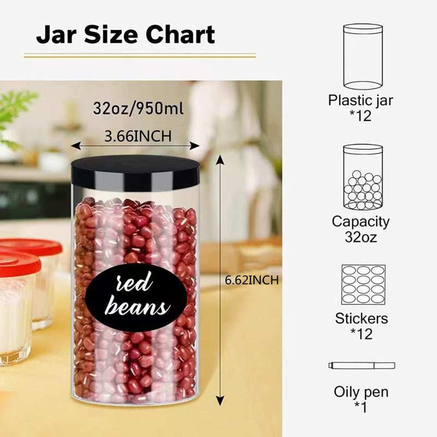 Clear Plastic Jars 32oz 12Pack Big Round PET Plastic Containers with Black Screw On Lids Reusable Empty Storage Jars with Lid Clear Containers for Household and Kitchen Organizing