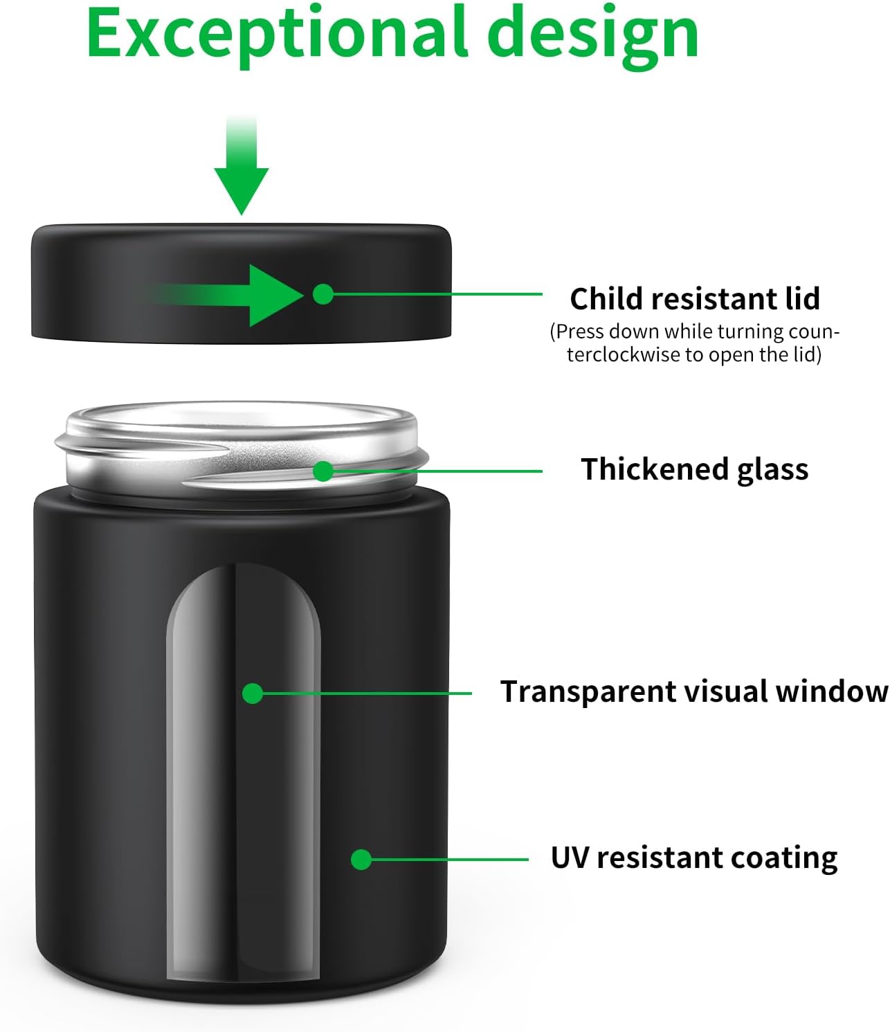 Glass Storage Jar (6 oz), 3 Pack Premium Smell Proof Visual Container with Child Resistant Cap