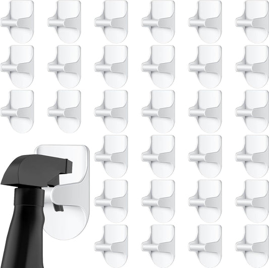 4 Pcs Wall Mount Spray Bottle Hooks Holder Spray Bottle Hanger Adhesive Hook to Create Storage Space Rack Organizer Hanger for Cabinet Kitchen Variety Surfaces (White)