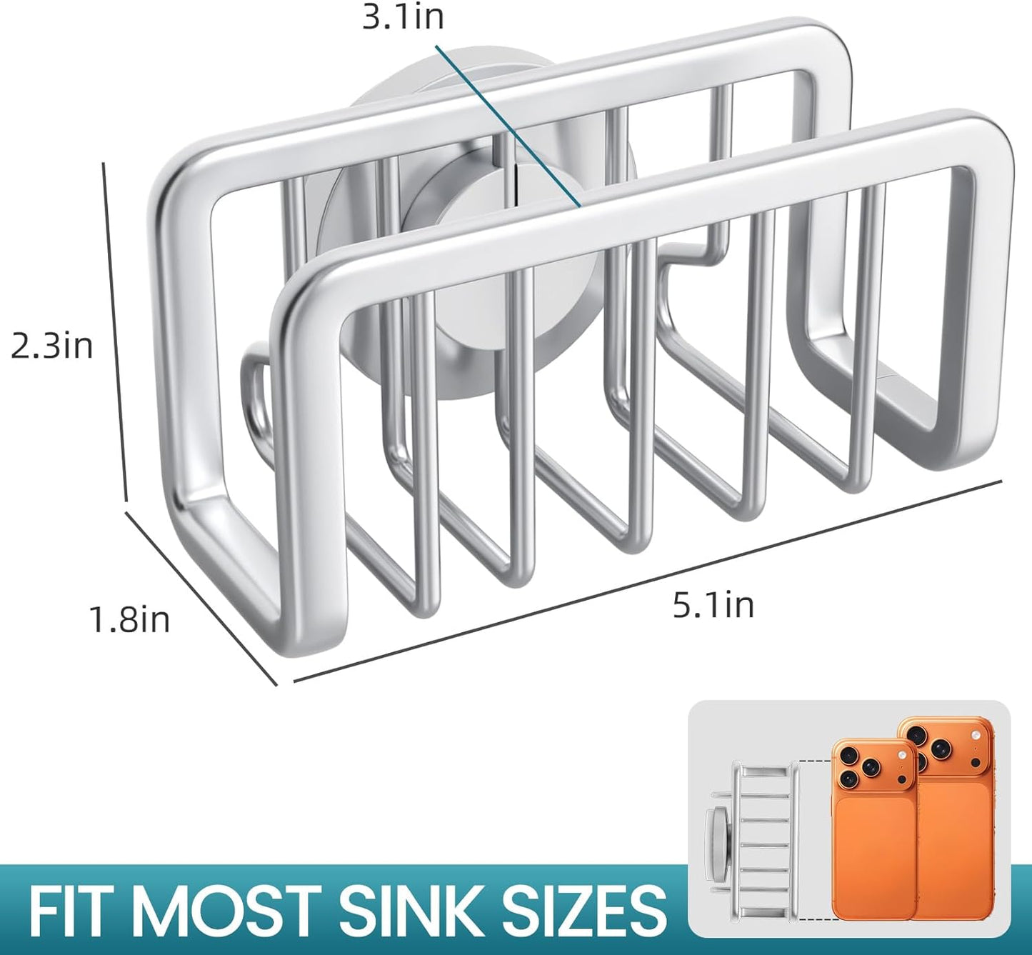 Sponge Holder for Kitchen Sink with Strong Suction Cup, Rustproof Aluminum Sink Caddy for Sponges