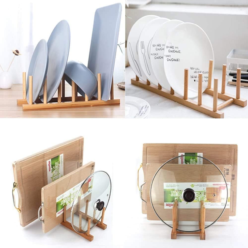 Bamboo Wooden Dish Rack, Vertical Plate & Lid Organizer for Kitchen Cabinet or Countertop