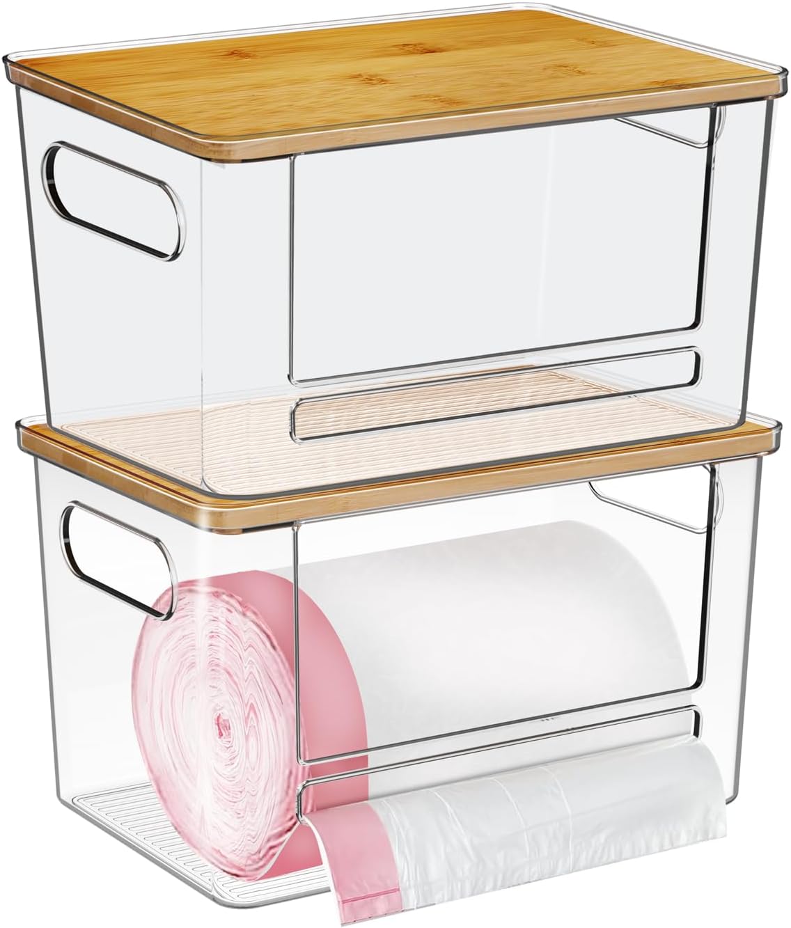 Trash Bag Dispenser 2 Pack, Stackable Acrylic Garbage Bags Dispenser with Bamboo Lid