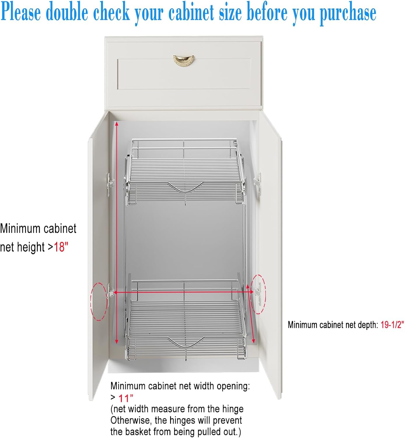 2 Tier Pull Out Cabinet Organizer (11" W x 18" D) Heavy-Duty Metal Sliding Drawer Shelf