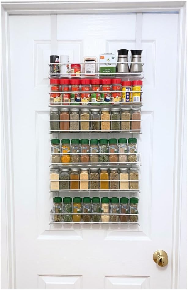 Over the Door Pantry Spice Rack Organizer -6 Tier -Holds up to 54 Spices- Adjustable Metal Baskets for Kitchen, Bathroom Storage & Organization (White) No Tool Easy Install