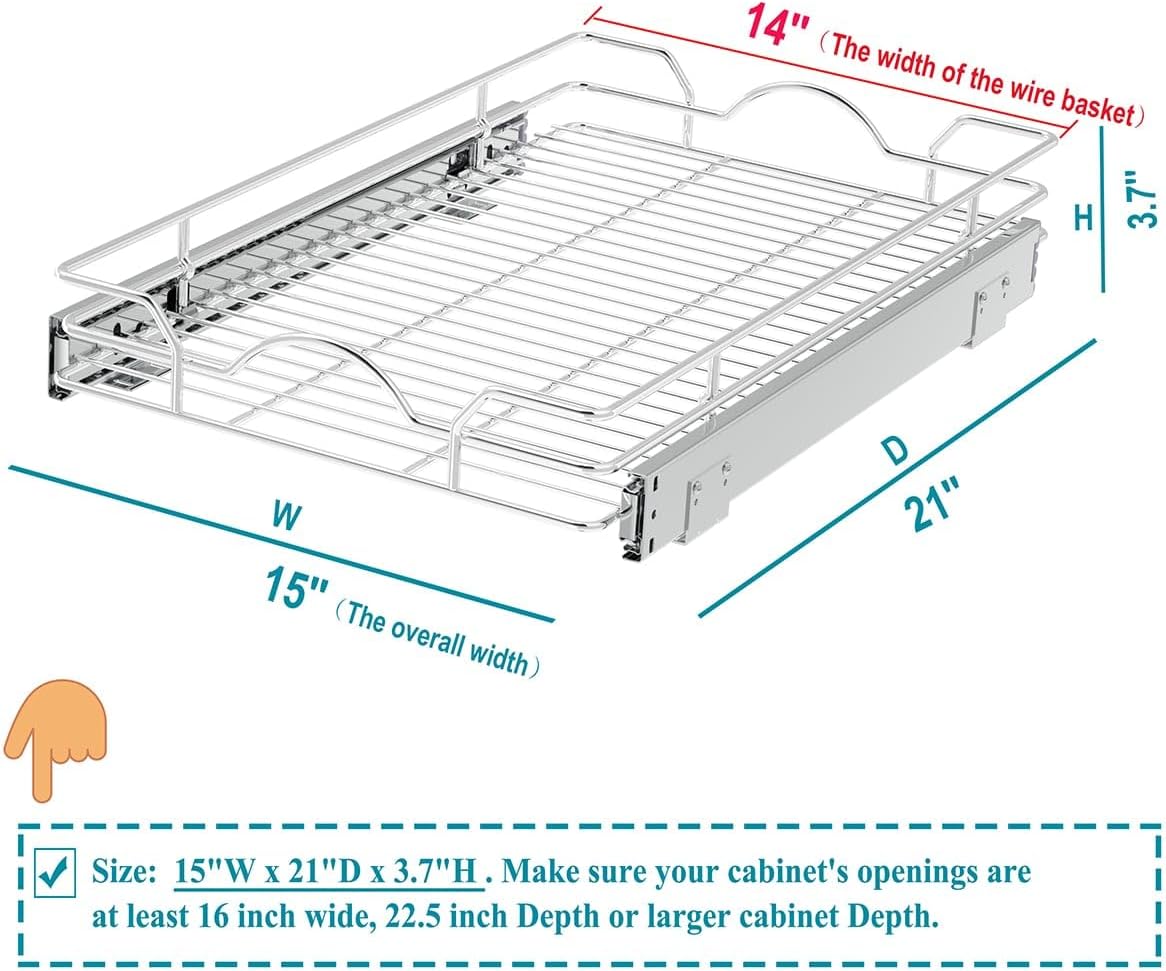 Pull Out Cabinet Organizer 2 Pack (15" W x 21" D), Pull out Shelves 1 Tier