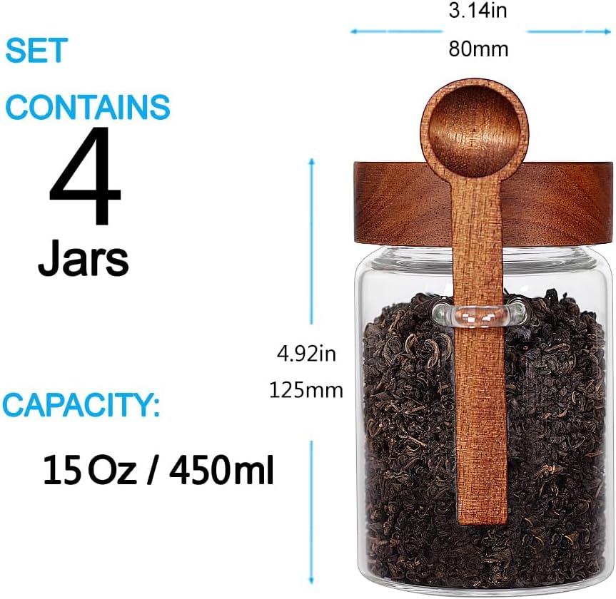 Loose Leaf Tea Storage Canister Set, 4 Pieces 16 OZ Glass Tea Containers with Wooden Lids and Spoons for Loose Tea, Coffee, Sugar, Oatmeal, Herbs (Tea Canisters)