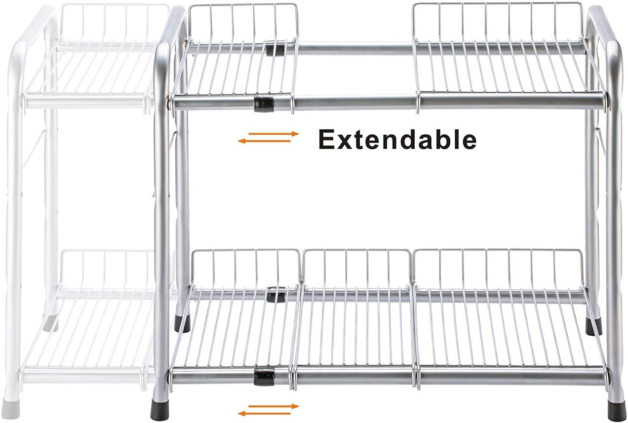 2 Tier Under Sink Organizers and Storage Rack Expandable Cabinet Shelf for Kitchen Bathroom Silver (17-25 inches)