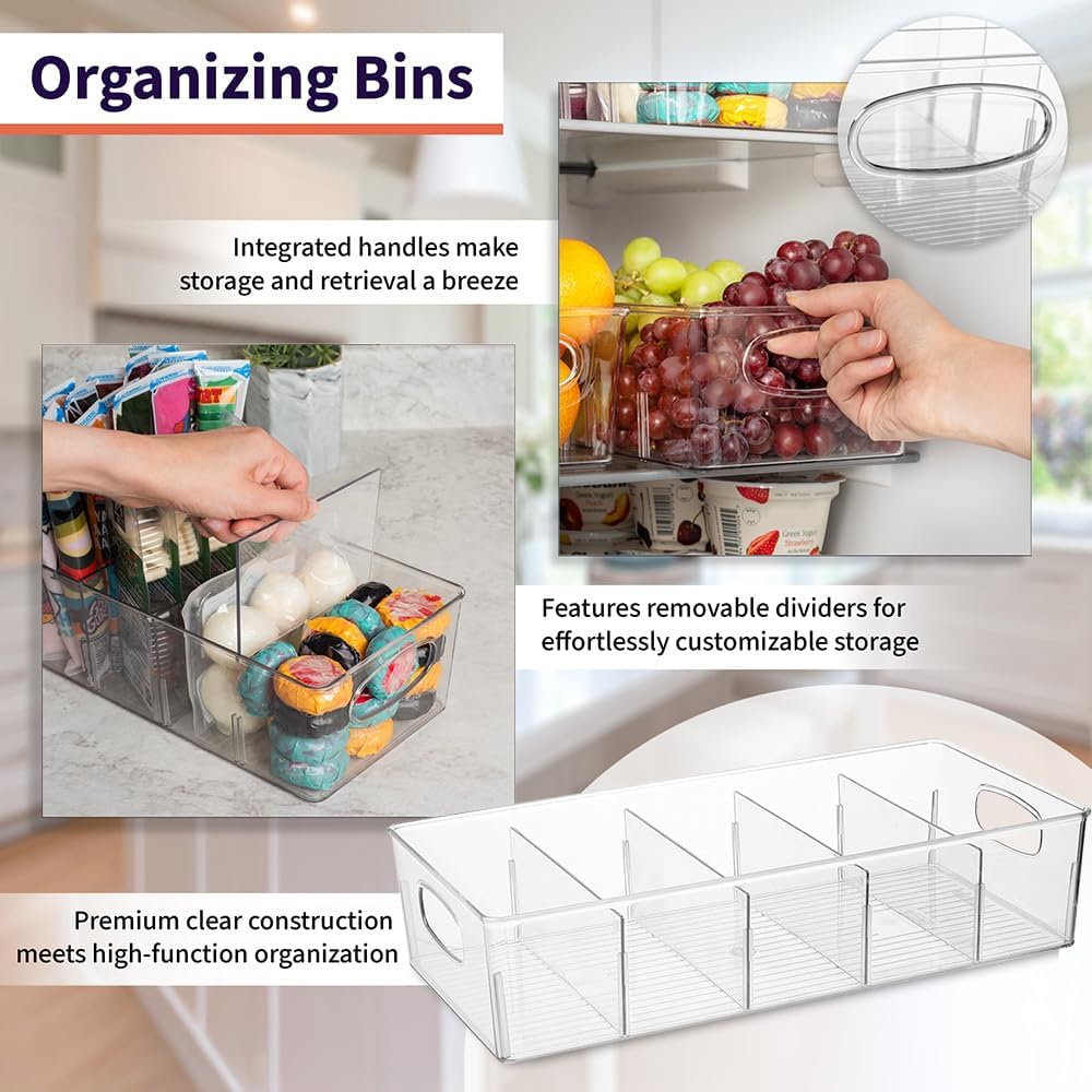 Plastic Pantry Organization and Storage Bins with Removable Dividers – XL Perfect Kitchen / Refrigerator/ Cabinet Organizers, 2 Pack