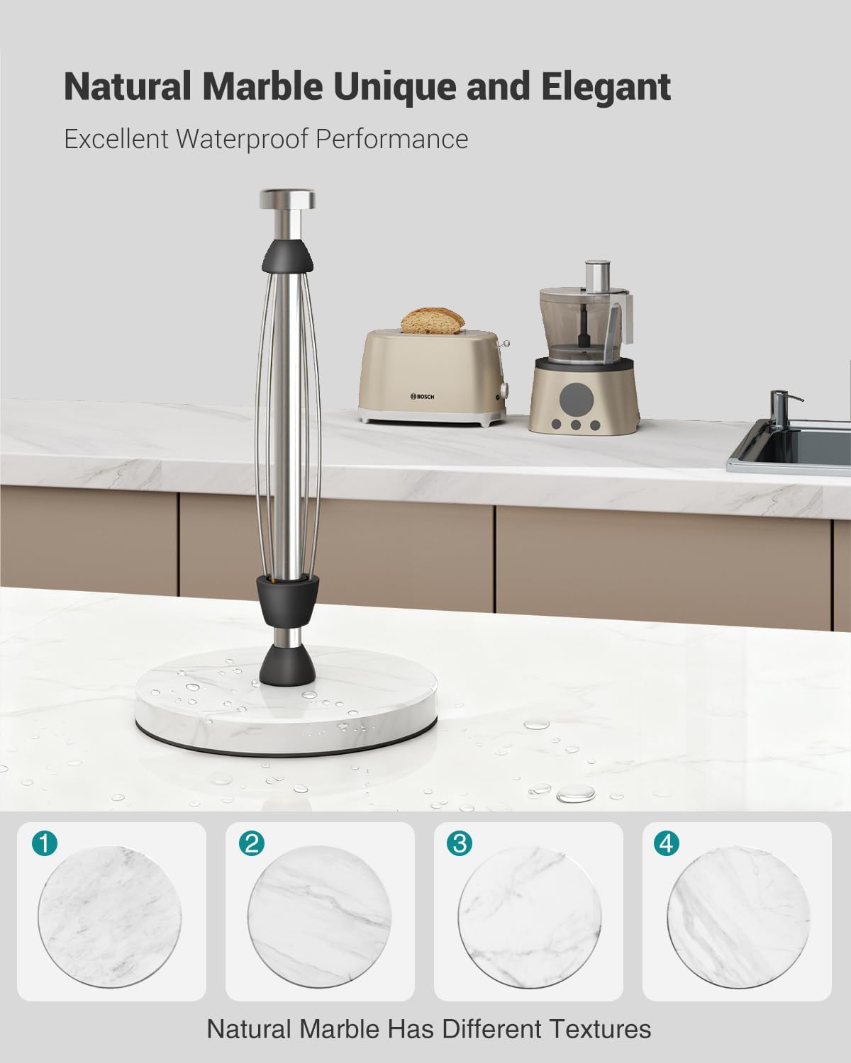 Marble Paper Towel Holder Countertop, Stainless Steel, One-Handed Tear