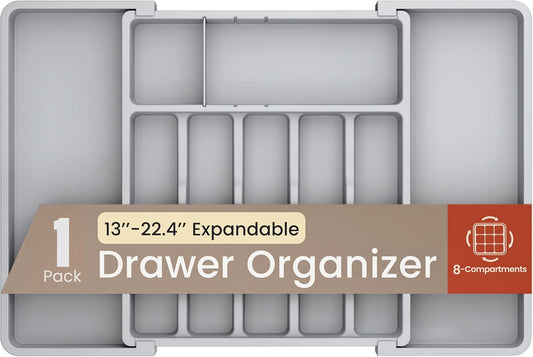 Gray Expandable Utensil Drawer Organizer 1 Pack, Adjustable 13” to 22.4”