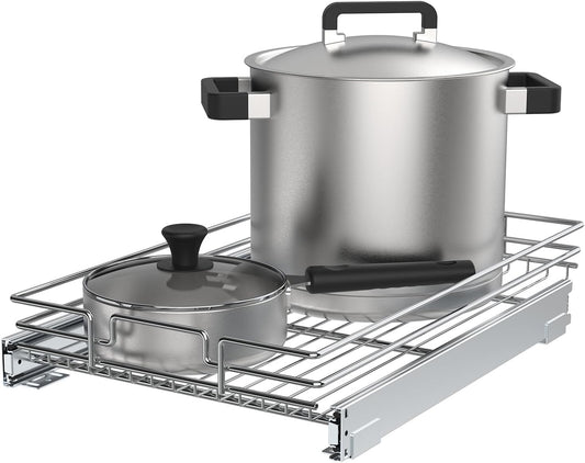 Pull Out Cabinet Organizer, Heavy-Duty Metal Sliding Drawer Shelf for Kitchen Cabinets, Chrome