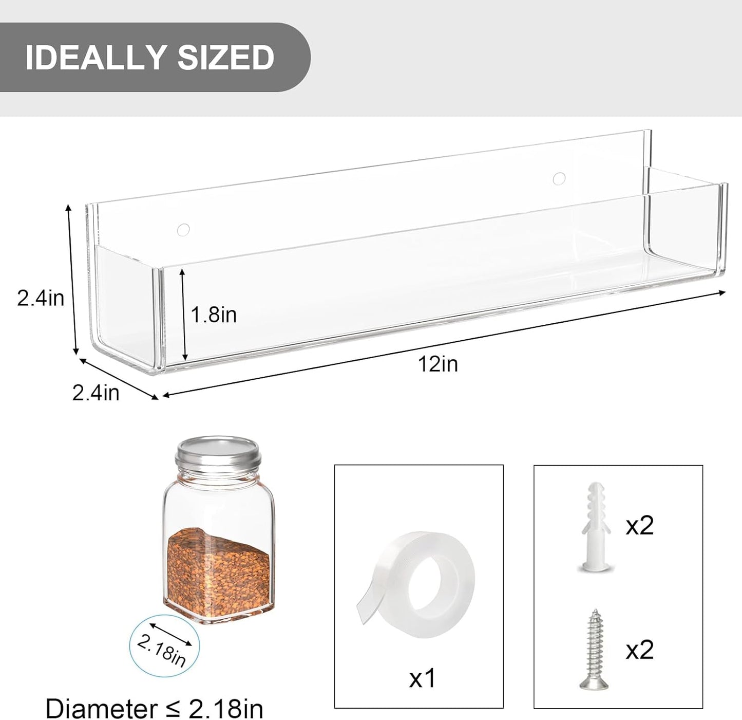 Adhesive Acrylic Spice Rack Organizer for Wall with 2 Nano Double Sided Tape