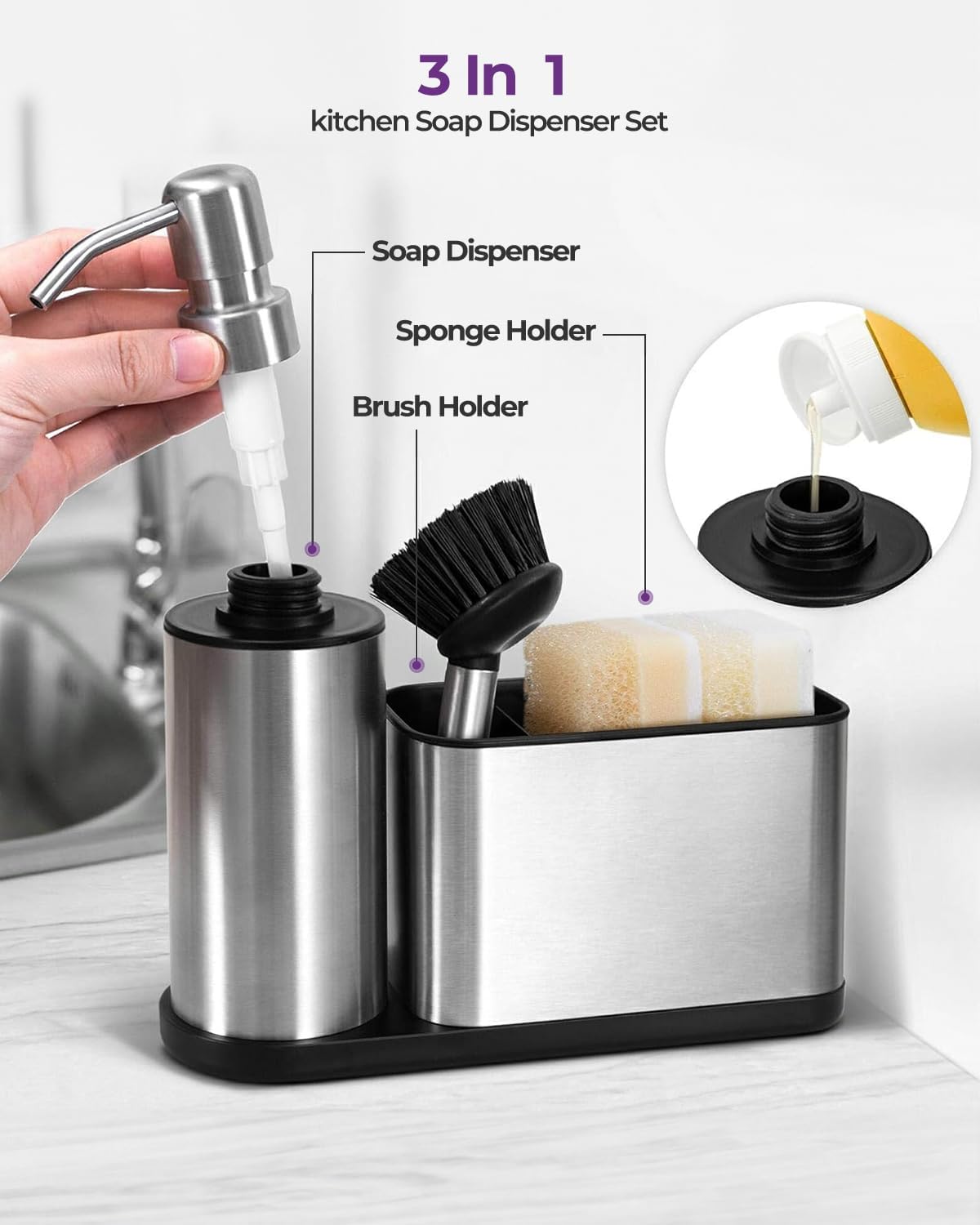 Kitchen Soap Dispenser Set - 3 in 1, Stainless Steel Dish Soap Dispenser with Sponge Holder