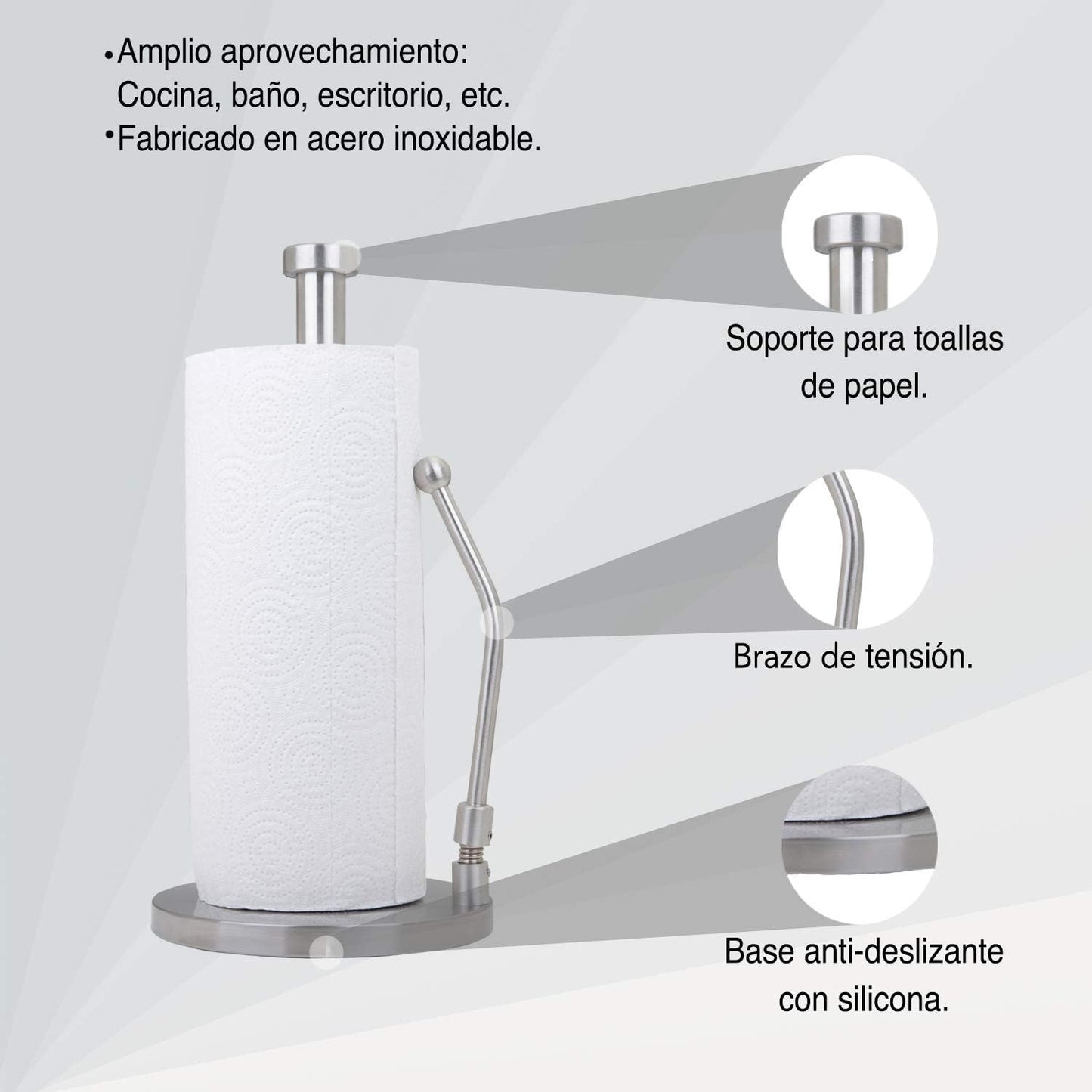 Stainless Steel Paper Towel Holder with Tension Arm – Weighted Countertop Stand, One-Hand Tear