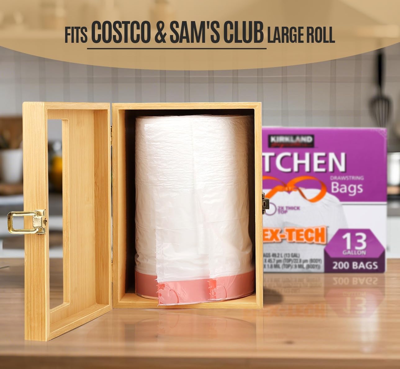 Extra Large Bamboo Trash Bag Dispenser Holder for Tall Kitchen Bags, Fits Costco Jumbo Rolls