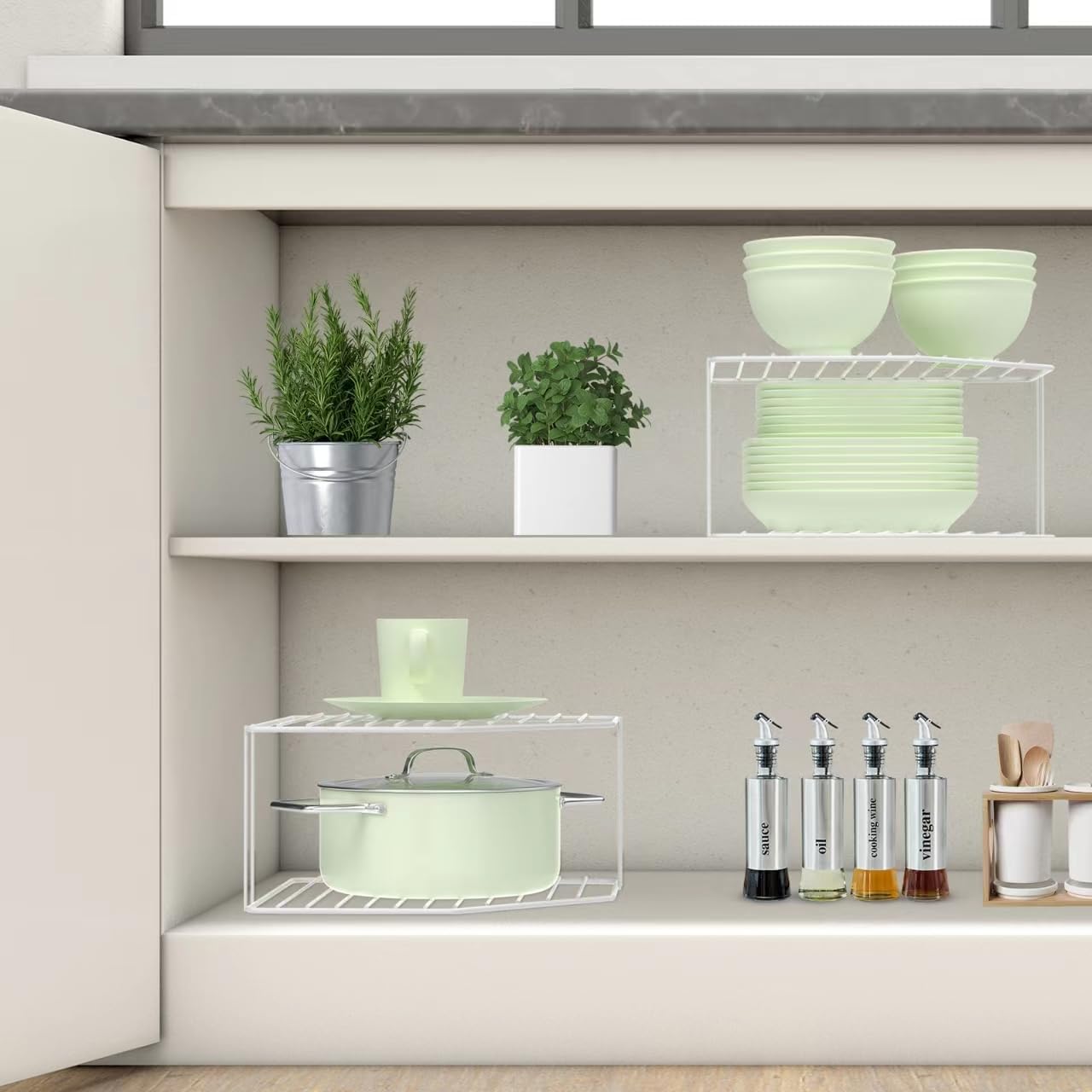 2Pcs 2-Tier Corner Stackable Organizer Shelf for Kitchen - Cabinet Storage Shelf Rack