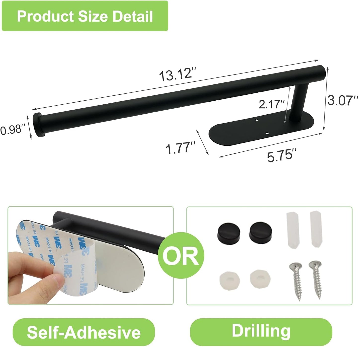 Paper Towel Holder, Black Paper Towel Holder Under Cabinet, Self-Adhesive or Drilling
