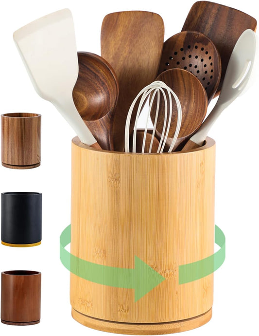 Wooden Utensil Holder, 360°Rotating 7.3'' Large Utensil Holder for Kitchen Counter