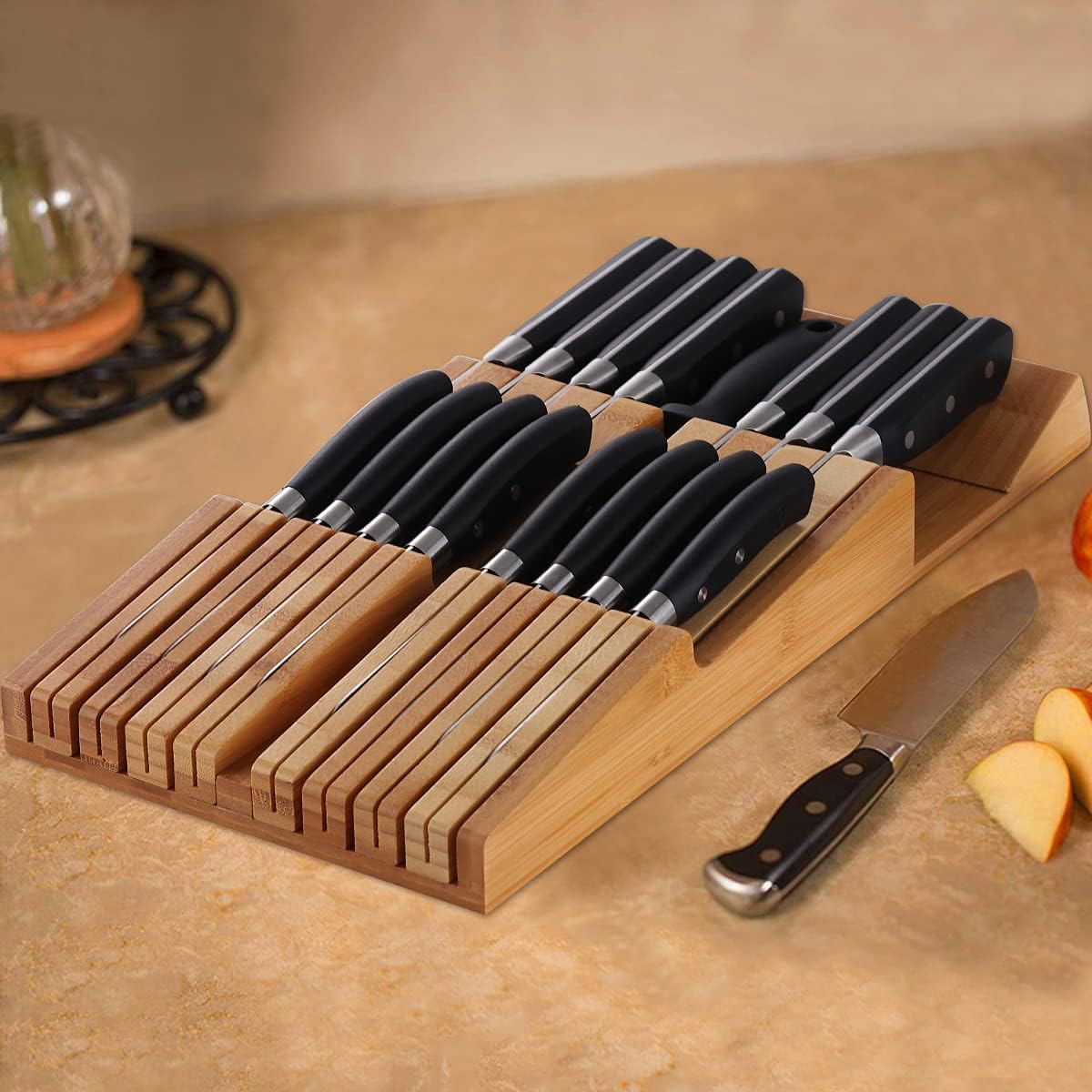 Bamboo In-Drawer Knife Block Set for 16 Knives(Not Included)