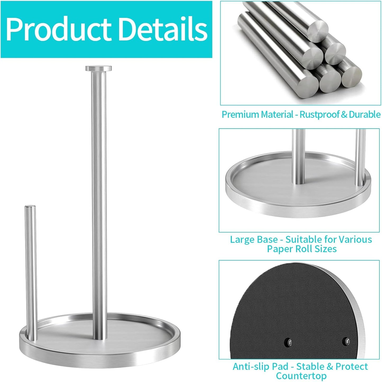 Paper Towel Holder Countertop, Standing Paper Roll Holder with Anti Slip Weighted Base