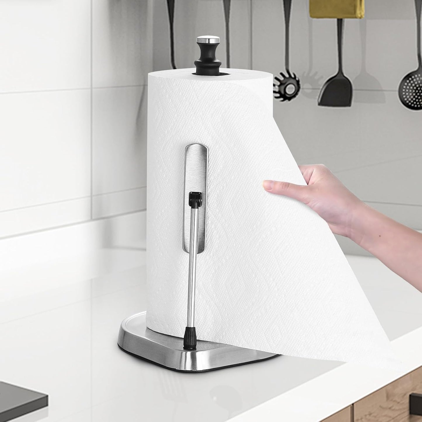 Paper Towel Holder for One Hand Tear - Countertop with Tension Arm & Non Slip Weighted Base