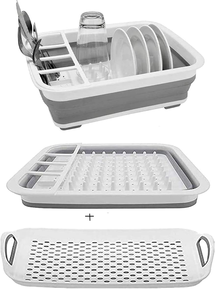 Camper must haves dish drying rack Collapsible Dish Drying Rack Portable Dinnerware Drainer Organizer for Kitchen RV Campers Travel Trailers Space Saving Kitchen Storage Rack Tray (with Drainboard)