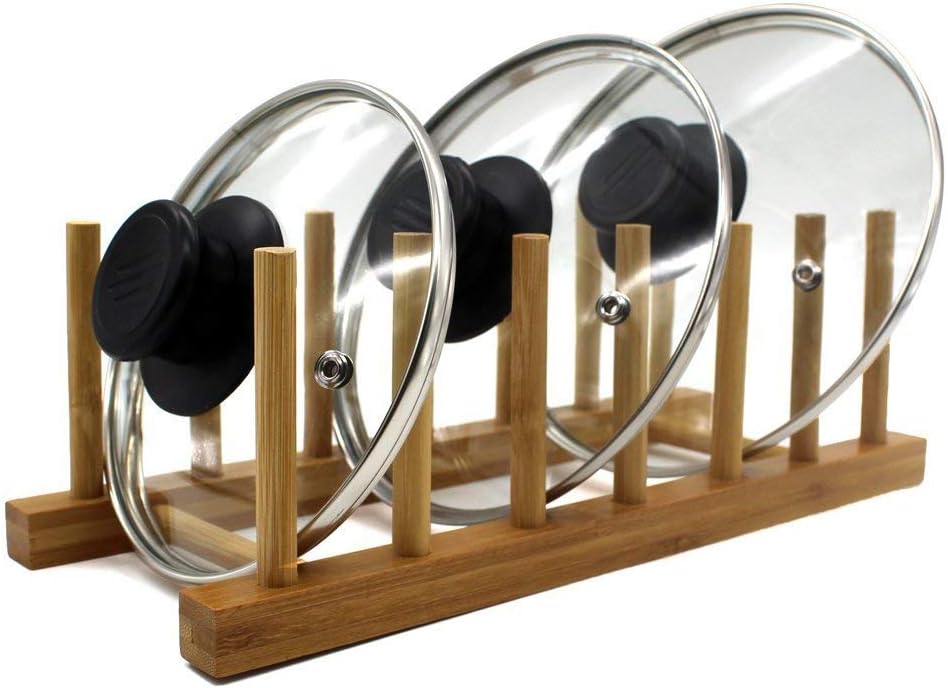 Bamboo Wooden Dish Rack, Vertical Plate & Lid Organizer for Kitchen Cabinet or Countertop
