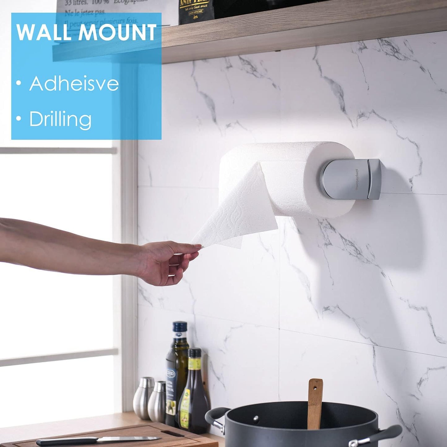 ONE Hand Tear Paper Towel Holder Under Cabinet Adhesive or Drilling Installation Aluminum Alloy + ABS (Pearl Chrome Silver)