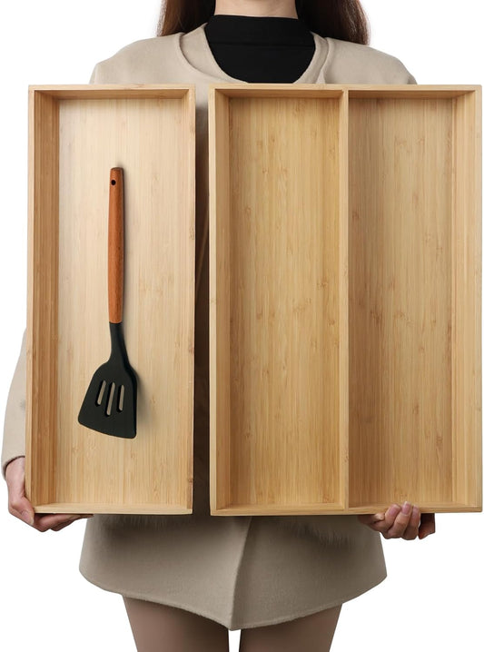 V-Shaped 2-Pack 19.6" Long Bamboo Drawer Organizer Box