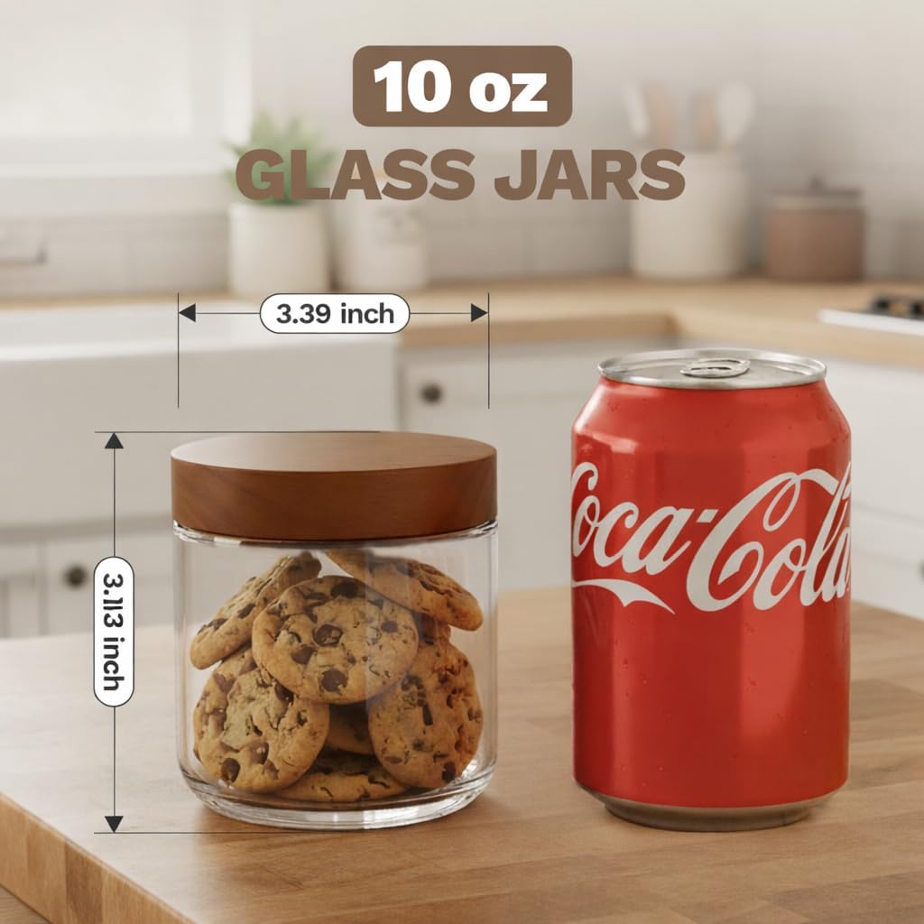 10 oz Small Glass Jars with Lids, Glass Container with Acacia Wood Airtight Lid