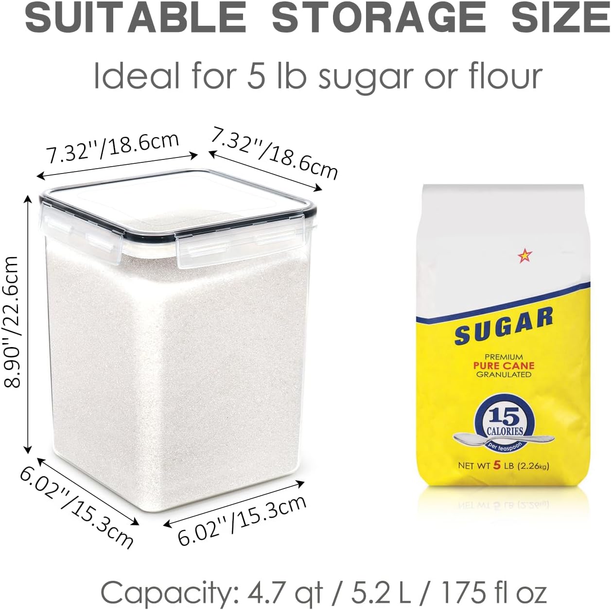 Large Food Storage Containers with Lids Airtight 5.2L /176Oz, for Flour, Sugar, Baking Supply