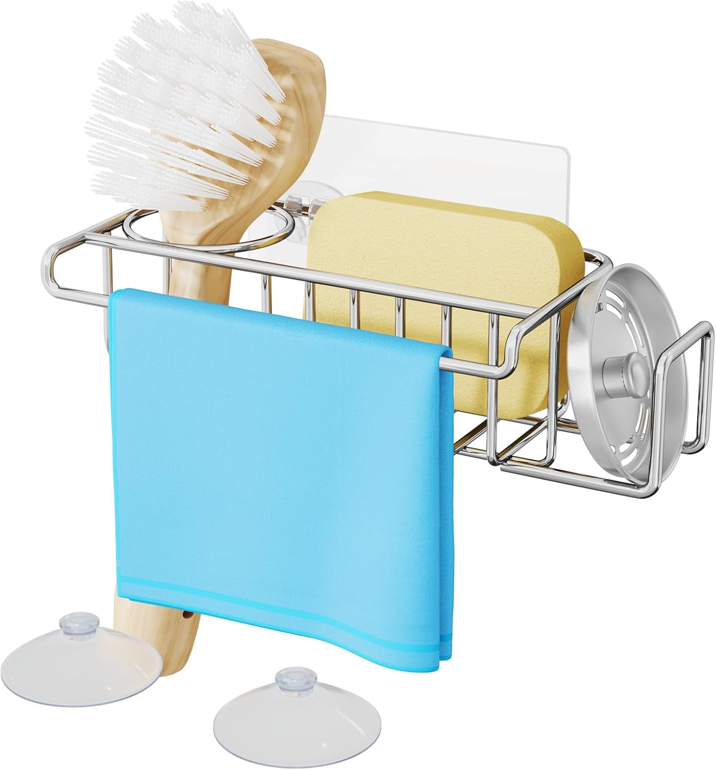 4 in 1 Sink Caddy Sponge Holder, SUS304 Stainless Steel Kitchen Brush Holder + Dish Cloth Hanger + Soap Rack + Sink Stopper Rack + Sponge Caddy for Kitchen - Silver