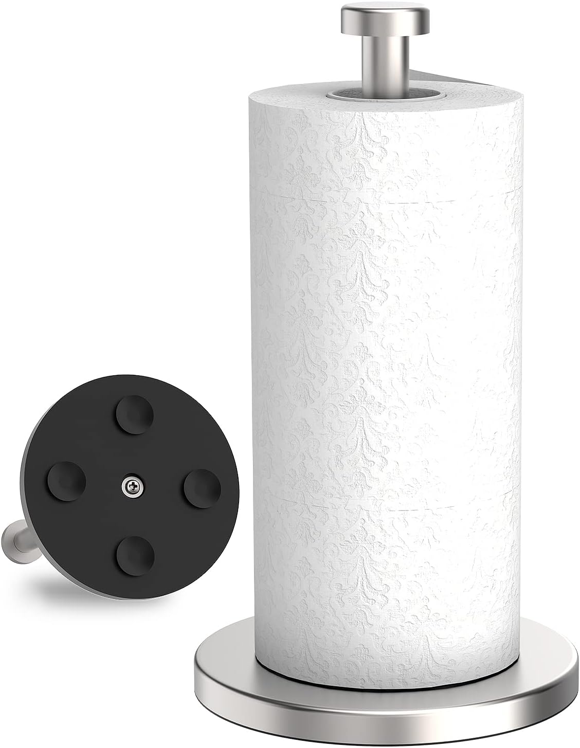 Paper Towel Holder Countertop, Stainless Steel Paper Towel Holder Stand with Weighted Base Suction Cups, Standing Paper Towel Roll Holder for Kitchen Bathroom (Silver)