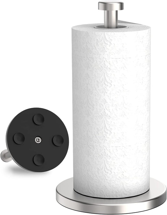 Paper Towel Holder Countertop, Stainless Steel Paper Towel Holder Stand with Weighted Base Suction Cups, Standing Paper Towel Roll Holder for Kitchen Bathroom (Silver)
