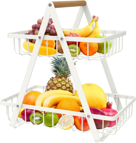 mahueeol 2 Tier Countertop Fruit Basket,Portable Fruit Bowle Basket for Kitchen Organizer Storage Fruits Vegetable Bread Snacks, Detachable Metal Rectangle Basket with wood Handle,White