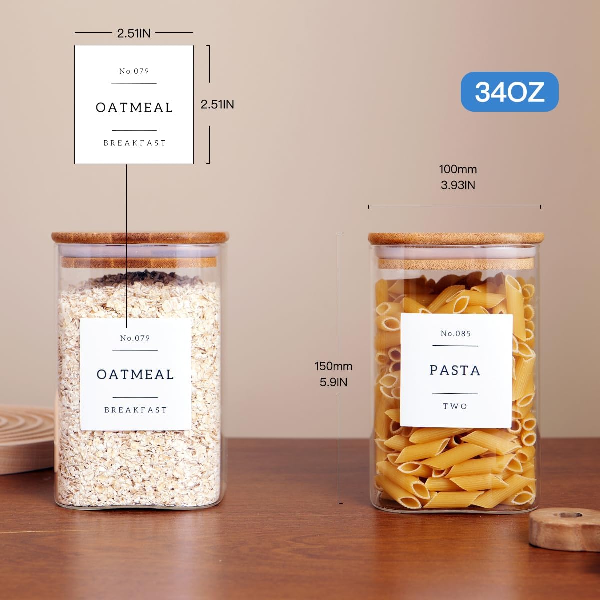6 Pack Square Kitchen Storage Jars with Airtight Bamboo Lids and 132 Pantry Labels